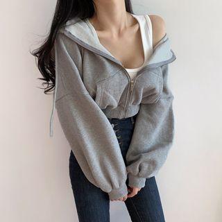 Long-sleeve Plain Zip Cropped Hooded Jacket