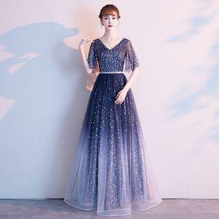 Short-sleeve Star Sequined A-line Evening Gown