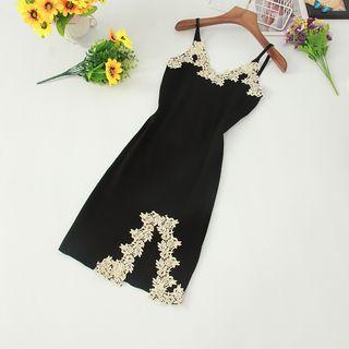 Spaghetti Strap Lace-trim Knit Dress Black - One Size