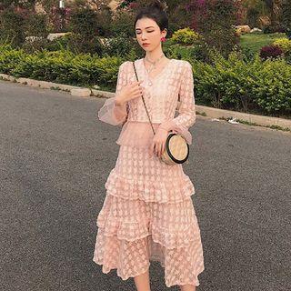 V-neck Mesh Panel Long-sleeve Top / Midi Layered Skirt
