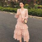 V-neck Mesh Panel Long-sleeve Top / Midi Layered Skirt