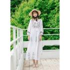 Bishop-sleeve Embroidered Tiered Long Dress