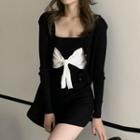 Set: Spaghetti Strap Bow Knit Mini Dress + Cardigan Black - One Size