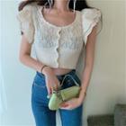 Cap-sleeve Eyelet Lace Trim Cropped Knit Top Almond - One Size