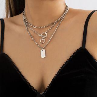 Tag Pendant Layered Stainless Steel Necklace 3441 - Silver - One Size