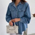 Balloon-sleeve Dual-pocket Denim Shirt Blue - One Size