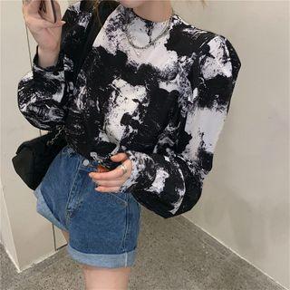 Long-sleeve Ink Print T-shirt As Shown In Figure - One Size