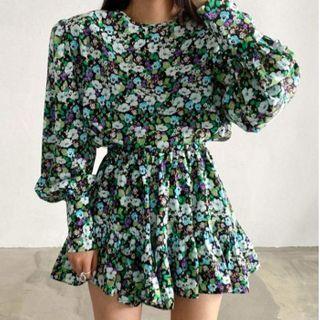 Flower Print Lantern-sleeve Mini A-line Dress