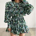 Flower Print Lantern-sleeve Mini A-line Dress
