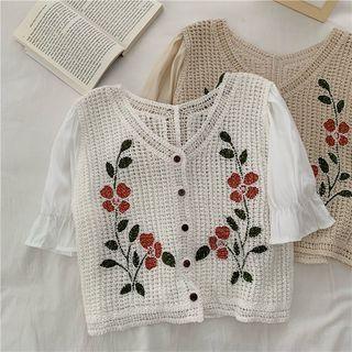 Short-sleeve Floral Crochet Buttoned Knit Top