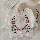 Short-sleeve Floral Crochet Buttoned Knit Top