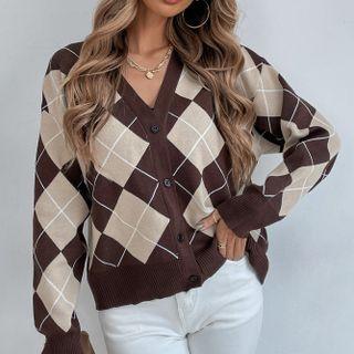 Argyle Long-sleeve V-neck Cropped Cardigan