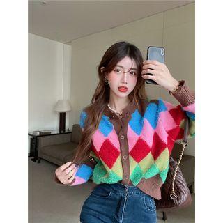 Argyle Crew-neck Loose Cardigan Rainbow - One Size