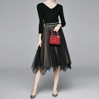 Set: Long-sleeve Knit Top + Midi A-line Mesh Skirt As Shown In Figure - One Size