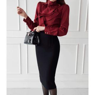 Layered-ruffle Metal-button Blouse