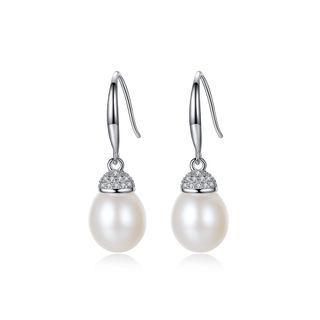 Sterling Silver Fashion Simple Geometric White Freshwater Pearl Earrings With Cubic Zirconia Silver - One Size