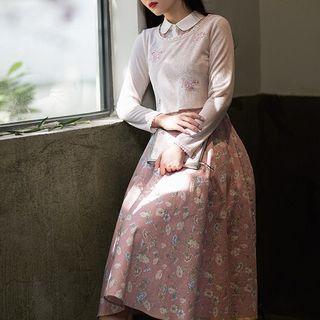 Set: Long-sleeve Embroidered Cropped Top + Sleeveless Printed Dress