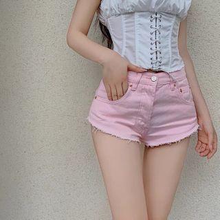 Short-sleeve Square-neck Blouse / Denim Hot Pants