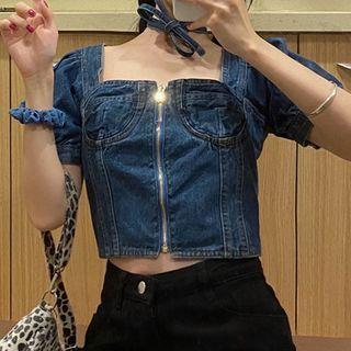 Square-neck Puff-sleeve Cropped Denim Blouse