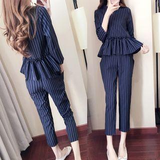 Set: Pinstripe Peplum Long-sleeve Top + Pants