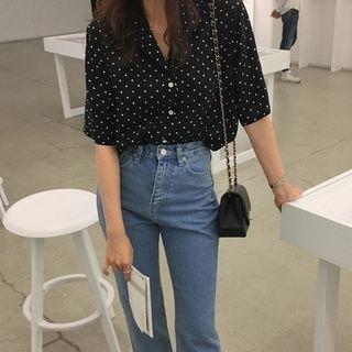 Elbow-sleeve Dotted Shirt Black - One Size