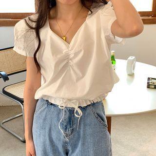 Ruched V-neck Puff-sleeve Blouse
