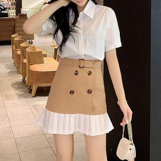 Set: Short-sleeve Shirt + Pleated Trim A-line Mini Skirt