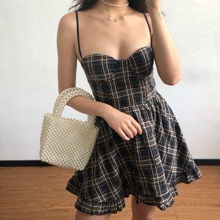 Spaghetti Strap Plaid Ruffle Hem Mini A-line Dress