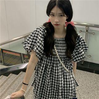 Puff-sleeve Gingham Mini A-line Dress Gingham - Black & White - One Size