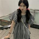 Puff-sleeve Gingham Mini A-line Dress Gingham - Black & White - One Size