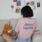 Short-sleeve Lettering Ringer T-shirt Pink - One Size