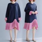 Long-sleeve Asymmetric Frill Trim Color Block Dress