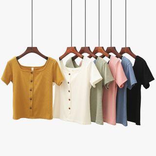 Button-up Square-neck Short-sleeve Knit Top