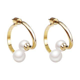 925 Sterling Silver Faux Pearl Open Hoop Earring Gold - One Size