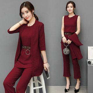 Set : Plain Sleeveless Top + Capri Pants + Light Jacket