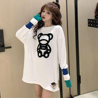 Long-sleeve Bear Detail T-shirt White - One Size