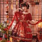 Short-sleeve Printed Ruffled A-line Dress / Cape / Choker / Set