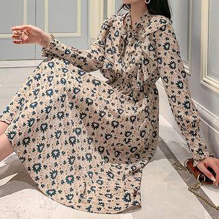 Long-sleeve Tie-neck Print Chiffon Dress