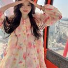 Long-sleeve Collar Floral Smock Dress Floral - Pink - One Size