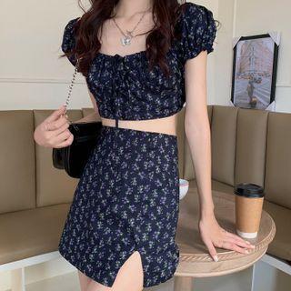 Set : Floral Cropped Top + Floral Skirt