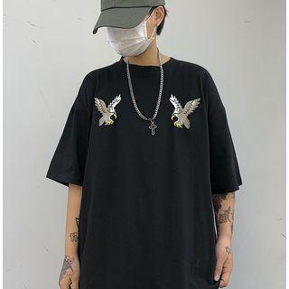 Embroidered Elbow-sleeve T-shirt Black - One Size