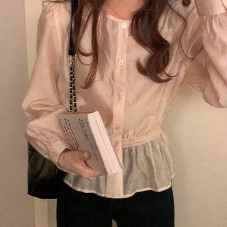 Set: Long-sleeve Shirred-waist Button-up Blouse + Camisole Top