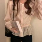 Set: Long-sleeve Shirred-waist Button-up Blouse + Camisole Top