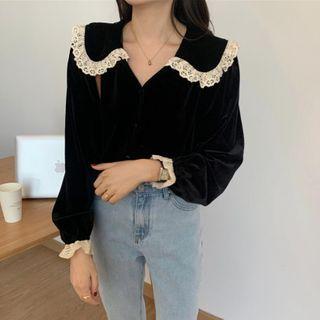 Long-sleeve Lace Trim V-neck Blouse Black - One Size