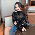 Leopard Print Long-sleeve Mesh Top Black - One Size