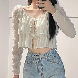 Long-sleeve Layered Button-up Crop Top