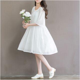 Set: Plain Elbow Sleeve Dress + Slipdress