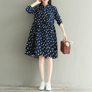 Tree Print Long-sleeve A-line Shirt Dress