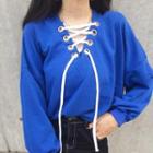 Long Sleeve V-neck Lace-up Hooded Top