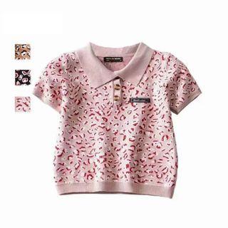 Short-sleeve Leopard Print Collared Knit Top